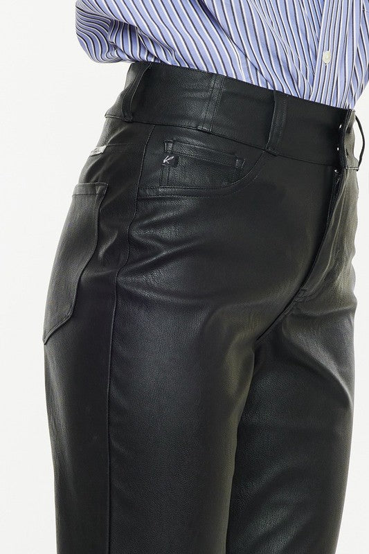 Load image into Gallery viewer, Kan Can HIGH RISE SKINNY STRAIGHT FAUX LEATHER PANTS -KC2075BK
