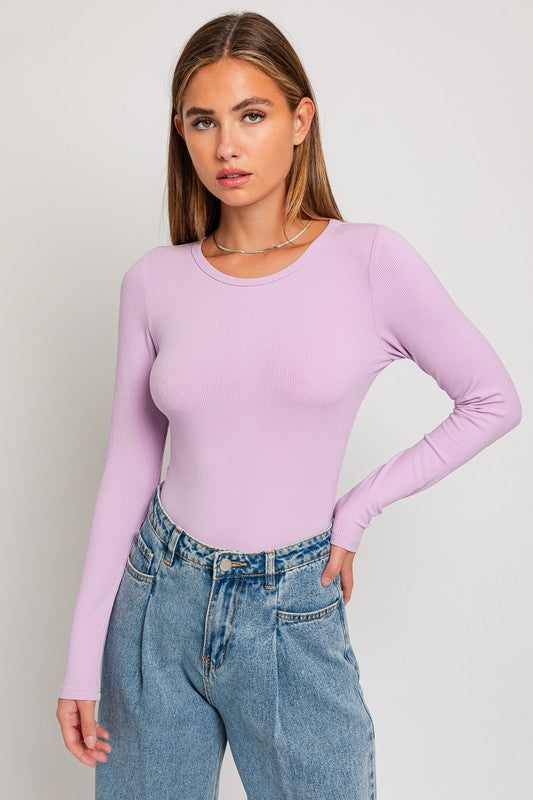 LE LIS Long Sleeve Round Neck Ribbed Bodysuit