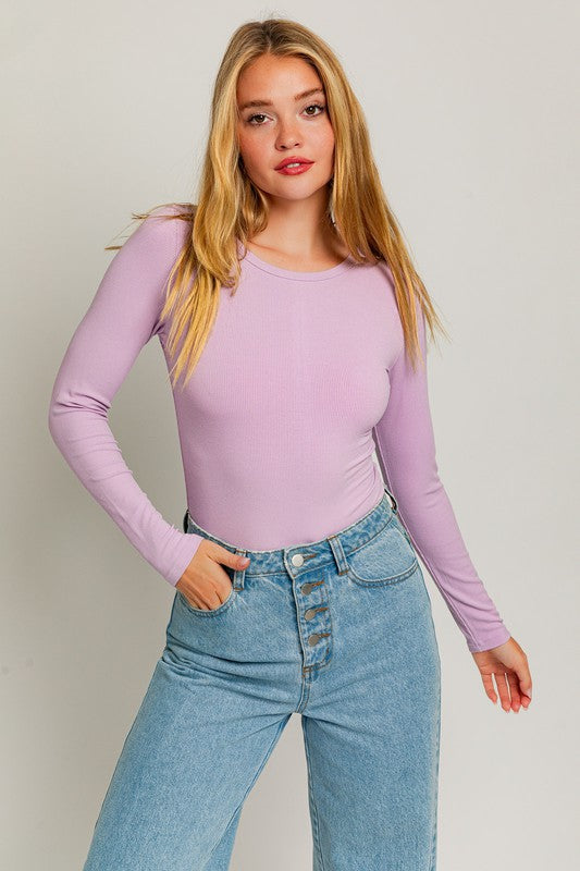 LE LIS Long Sleeve Round Neck Ribbed Bodysuit