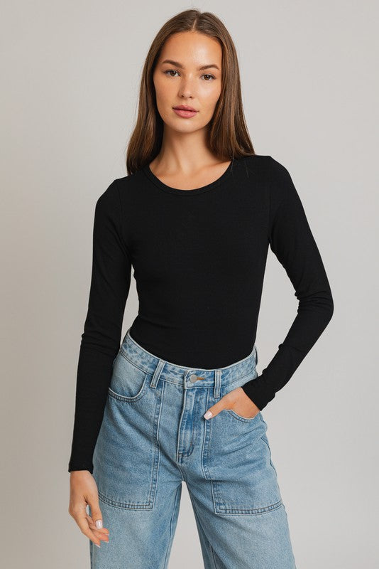 LE LIS Long Sleeve Round Neck Ribbed Bodysuit