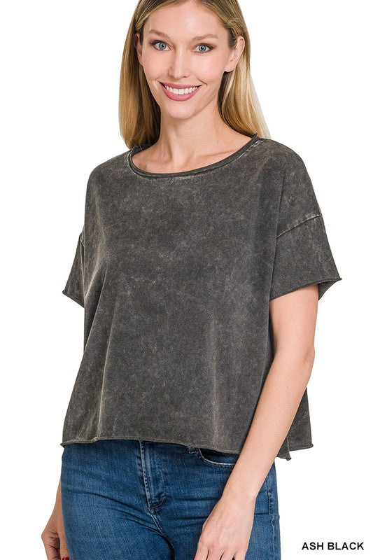 ZENANA Acid Wash Raw Edge Short Sleeve Crop Top