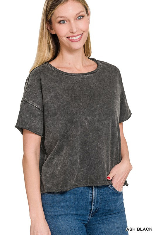 ZENANA Acid Wash Raw Edge Short Sleeve Crop Top