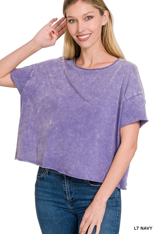 ZENANA Acid Wash Raw Edge Short Sleeve Crop Top