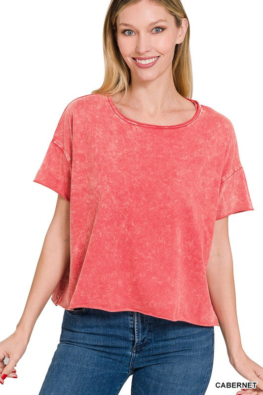 ZENANA Acid Wash Raw Edge Short Sleeve Crop Top