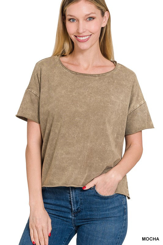 ZENANA Acid Wash Raw Edge Short Sleeve Crop Top