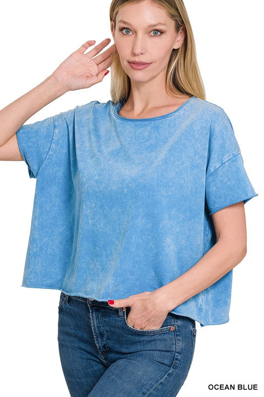 ZENANA Acid Wash Raw Edge Short Sleeve Crop Top