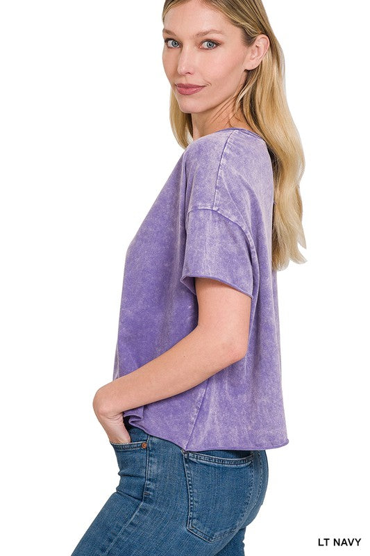 ZENANA Acid Wash Raw Edge Short Sleeve Crop Top