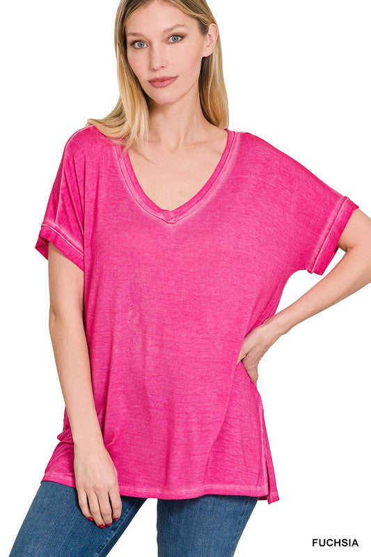 ZENANA Washed Short Sleeve V-Neck Top W/ Hi-Low Hem