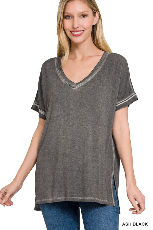 ZENANA Washed Short Sleeve V-Neck Top W/ Hi-Low Hem