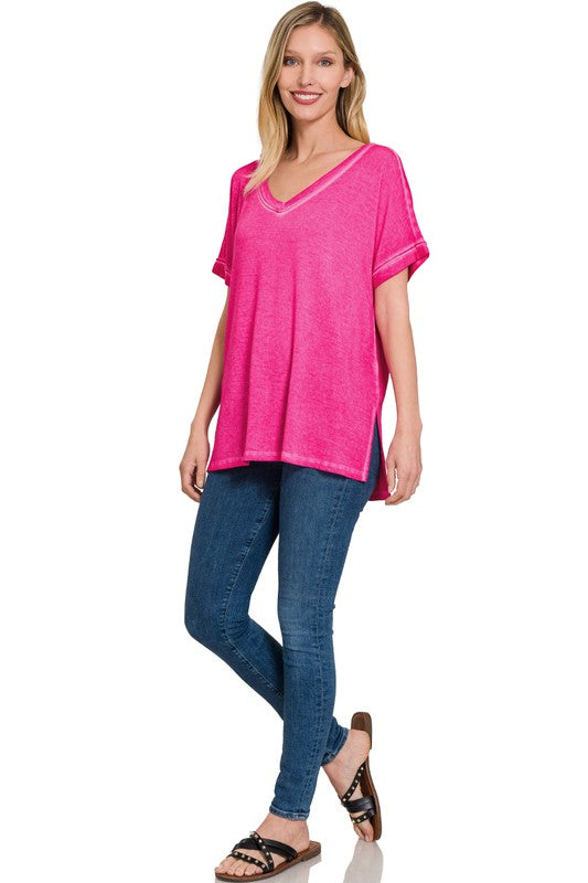 ZENANA Washed Short Sleeve V-Neck Top W/ Hi-Low Hem