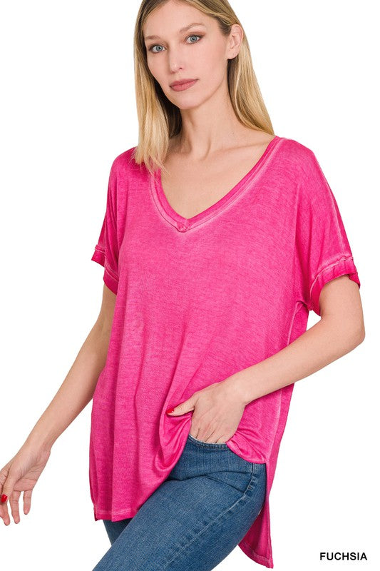 ZENANA Washed Short Sleeve V-Neck Top W/ Hi-Low Hem