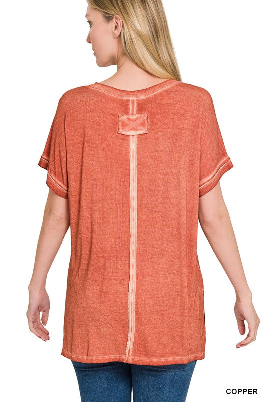 ZENANA Washed Short Sleeve V-Neck Top W/ Hi-Low Hem