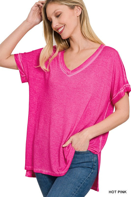 ZENANA Washed Short Sleeve V-Neck Top W/ Hi-Low Hem