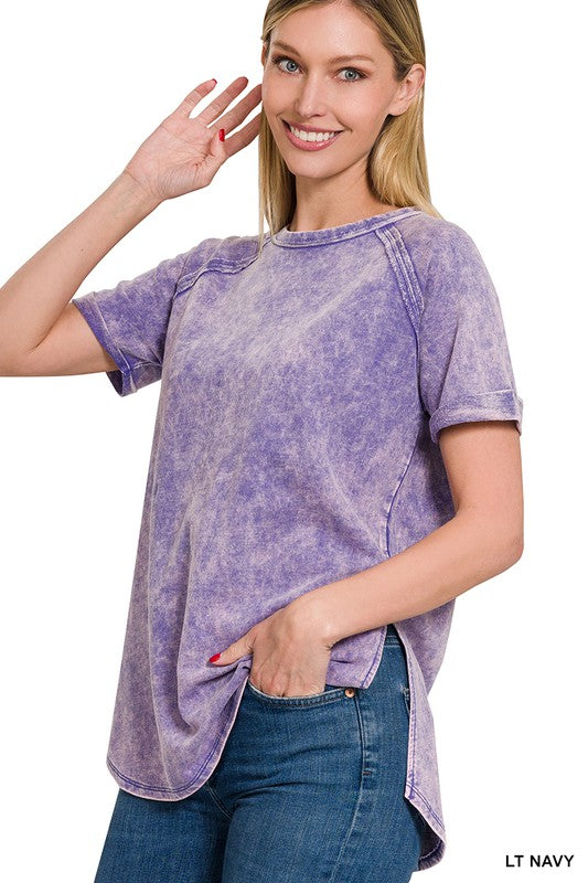 ZENANA F/Terry Acid Wash Short Cuff Sleeve Pullover