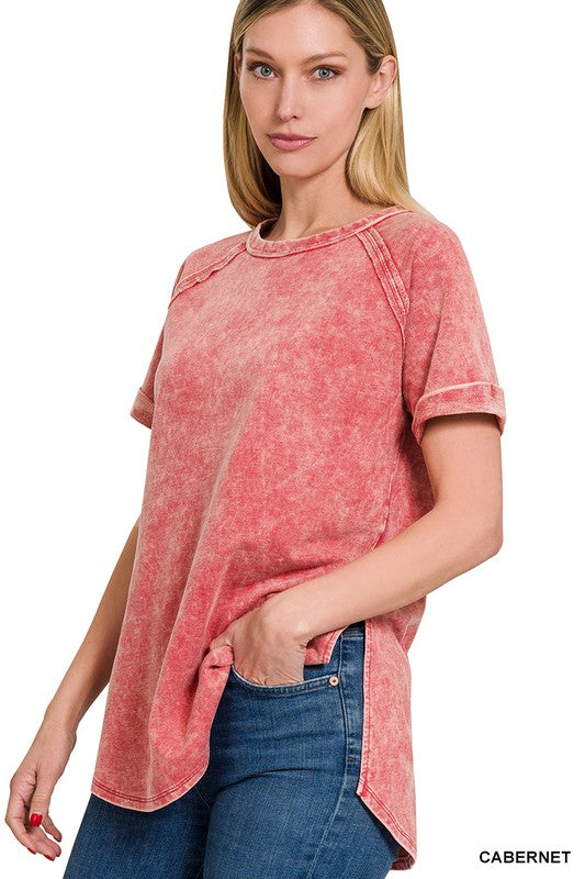 ZENANA F/Terry Acid Wash Short Cuff Sleeve Pullover