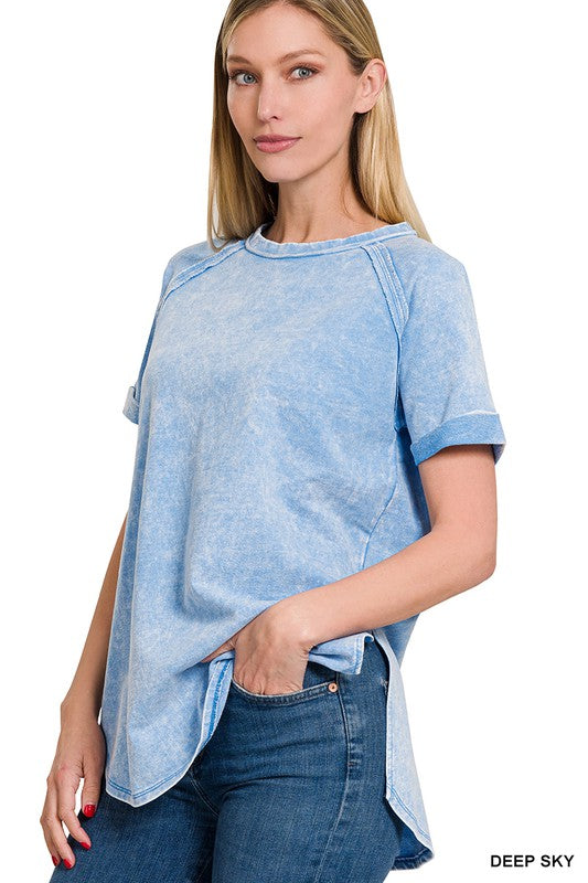 ZENANA F/Terry Acid Wash Short Cuff Sleeve Pullover