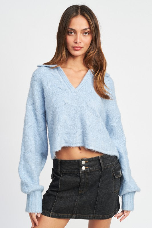 Emory Park COLLARED CABLE KNIT BOXY SWEATER