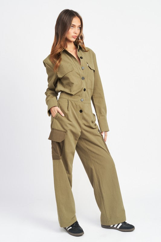Load image into Gallery viewer, Emory Park BUTTON DOWN CARGO JUMPSUIT
