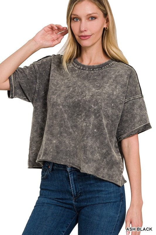 ZENANA French Terry Acid Wash Raw Edge Crop Top