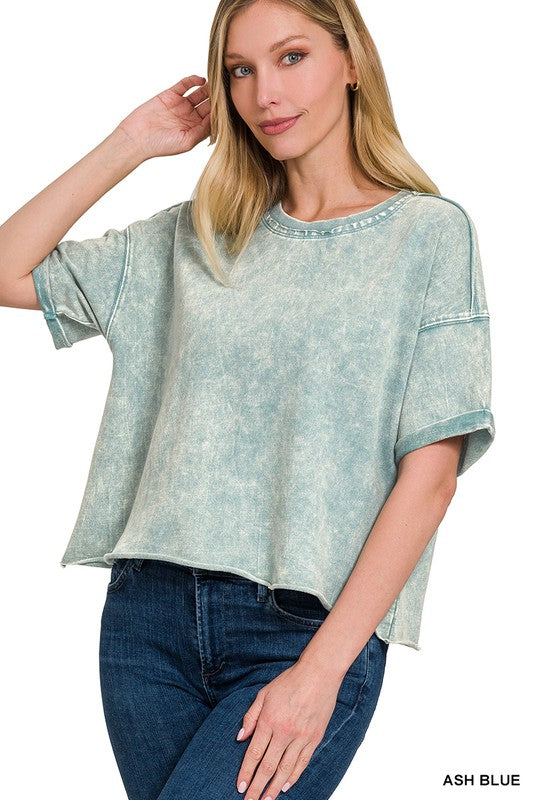 ZENANA French Terry Acid Wash Raw Edge Crop Top