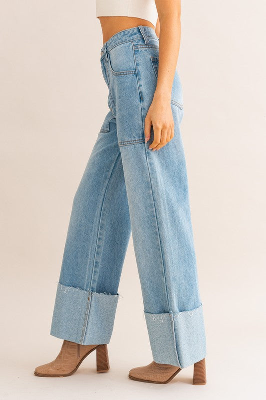 LE LIS High-Waisted Wide Leg Cuffed Jeans