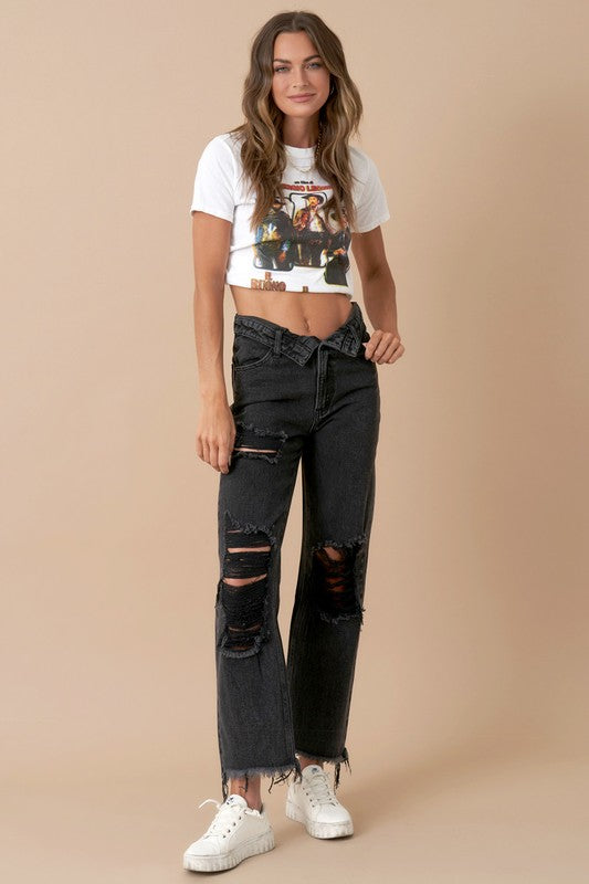 Denim Lab USA Frayed Flip Waist Straight Jeans