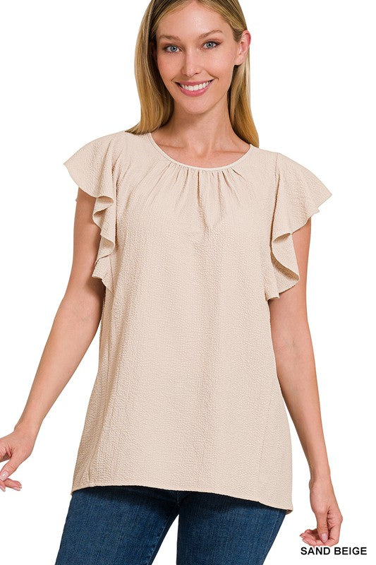 ZENANA Woven Bubble Airflow Flutter Sleeve Top