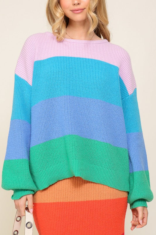 TIMING Junior Bold Rainbow Stripe Oversized Chunky Knit Pullover