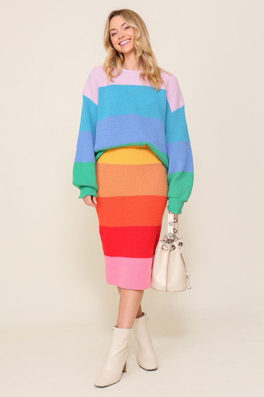 TIMING Junior Bold Rainbow Stripe Oversized Chunky Knit Pullover