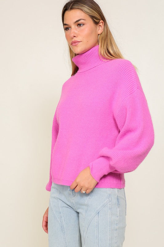 Lumiere Rib Knitted Turtleneck Sweater with Bishop Sleeve