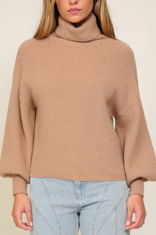 Lumiere Rib Knitted Turtleneck Sweater with Bishop Sleeve
