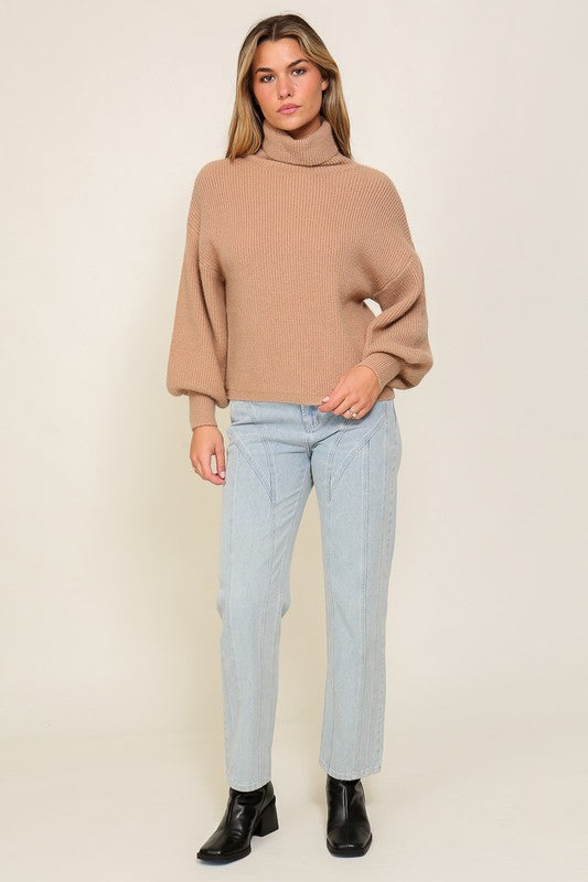 Load image into Gallery viewer, Lumiere Rib Knitted Turtleneck Sweater with Bishop Sleeve
