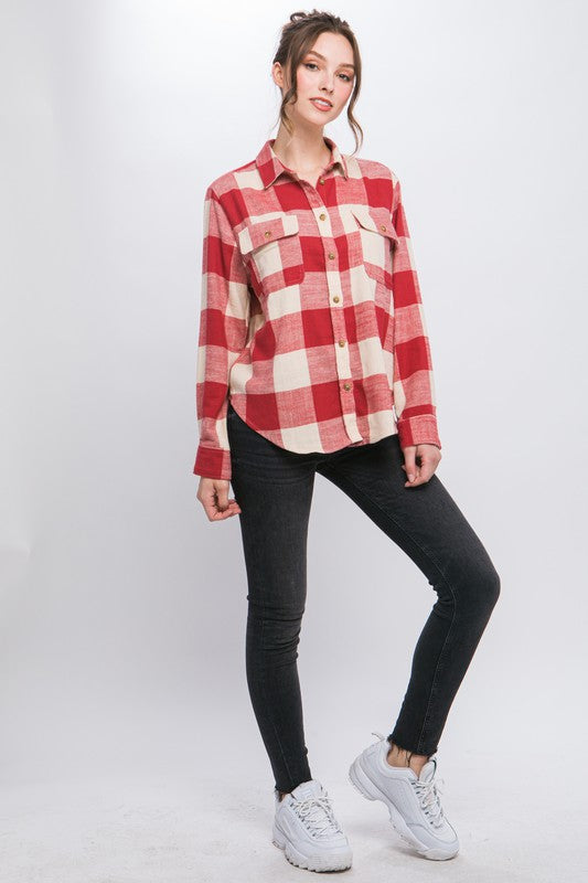 Love Tree Lightweight Plaid Button Down Top