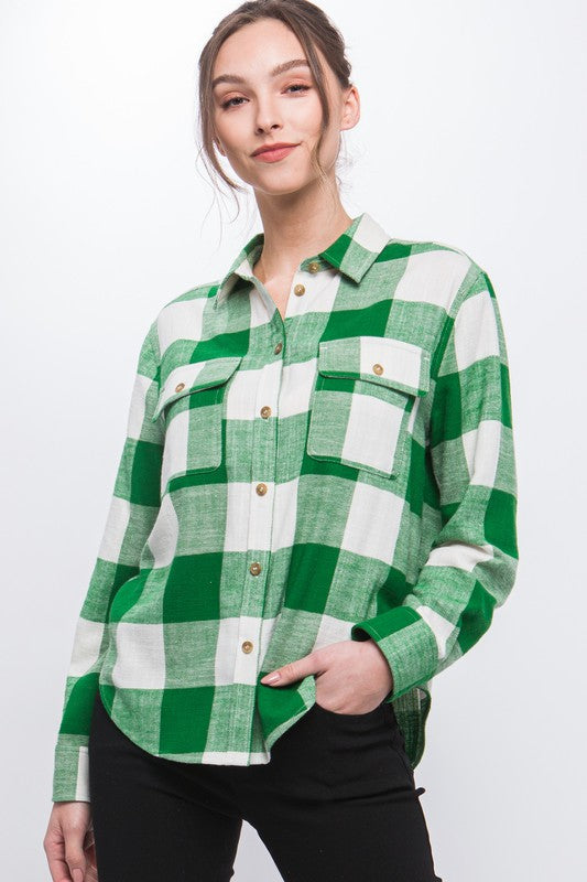 Love Tree Lightweight Plaid Button Down Top