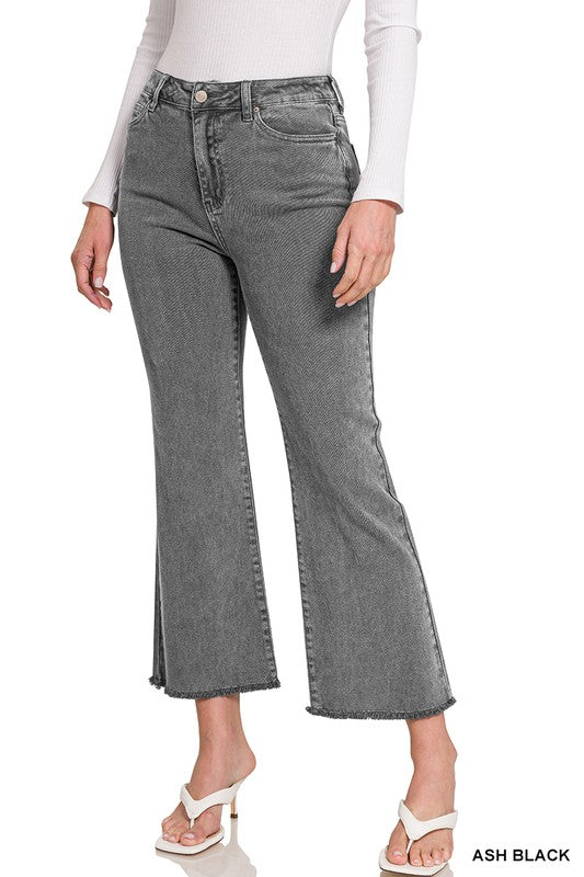 ZENANA, Acid Washed High Waist Frayed Hem Bootcut Pants