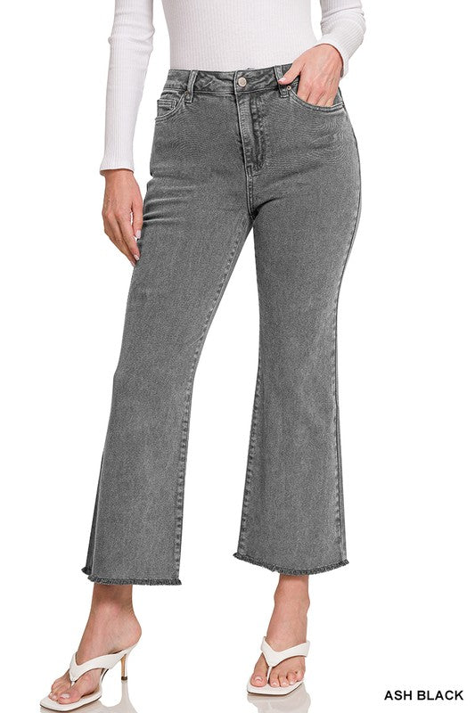 ZENANA Acid Washed High Waist Frayed Hem Bootcut Pants