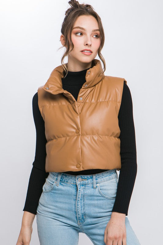 Load image into Gallery viewer, Love Tree PU Faux Leather puffer West With Snap Button
