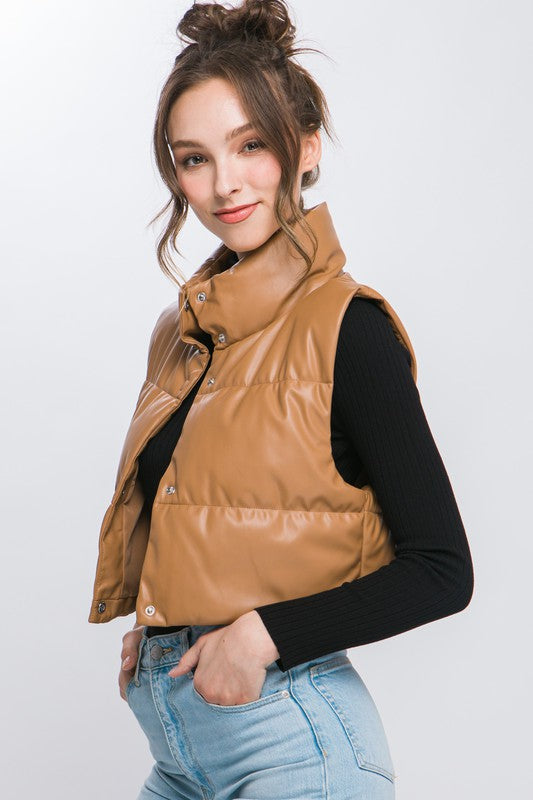 Love Tree PU Faux Leather puffer West With Snap Button
