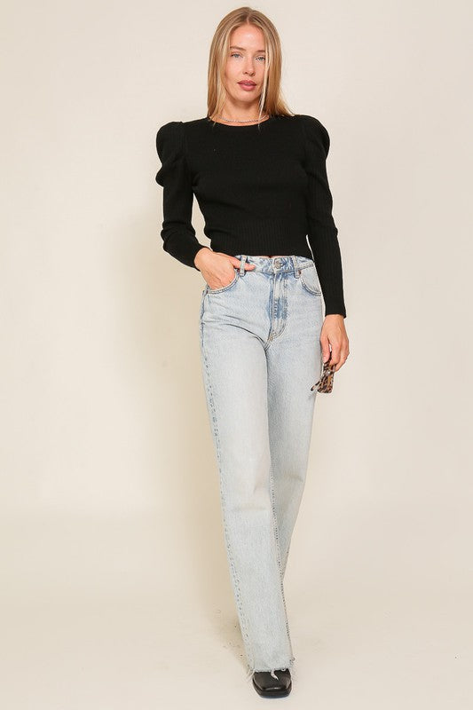 Lumiere Ribbed Puff Sleeve Knit Top