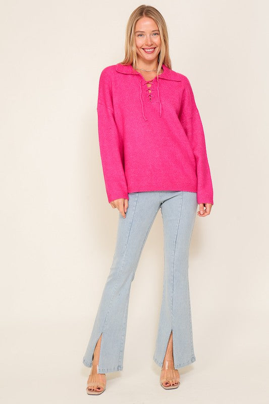 Lumiere Sweater Top with V-Shape Criss Cross Tie Neck