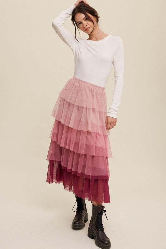 Listicle Gradient Style Tiered Mesh Maxi Skirt