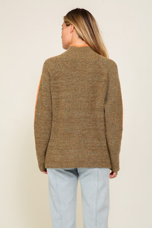 Lumiere Marled Brown Raglan Sleeve Funnel Neck Sweater