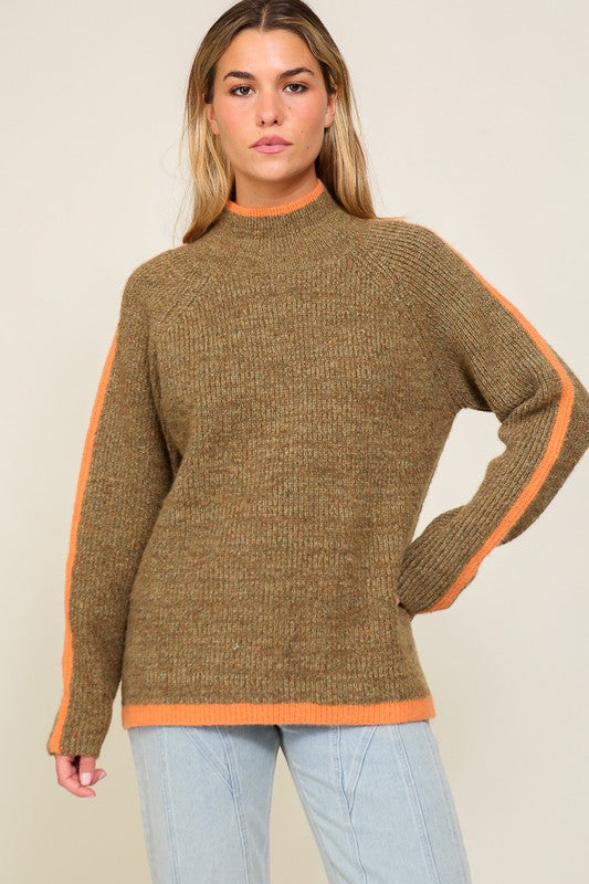 Lumiere Marled Brown Raglan Sleeve Funnel Neck Sweater