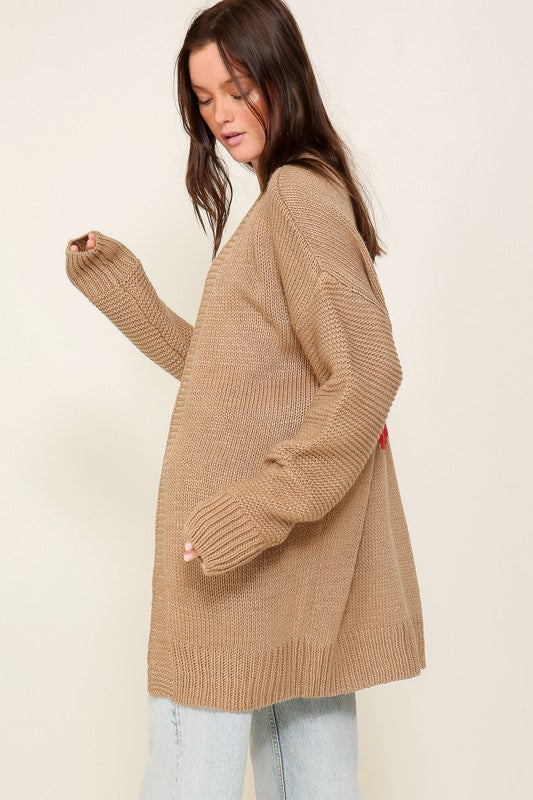 TIMING Long Sleeve Open Front Cardigan With Back Heart