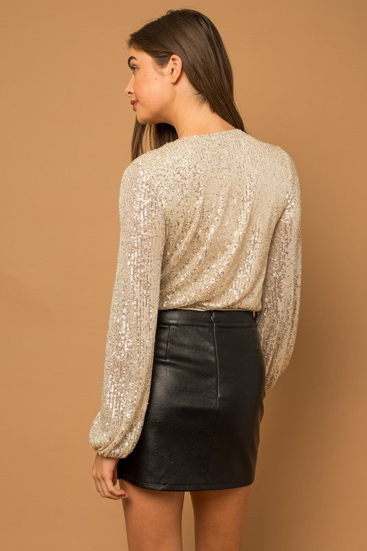 Gold Sequin Long Sleeve Wrap Bodysuit | SilkFred