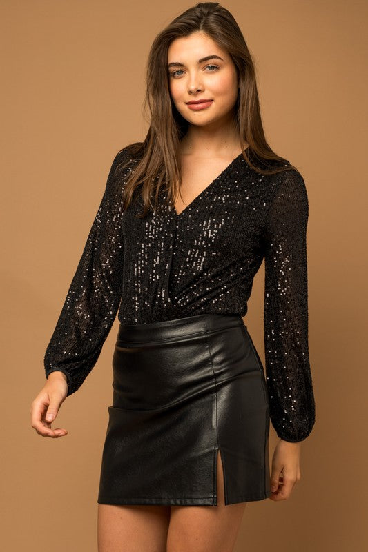 Gilli Long Sleeve Sequin Wrap Bodysuit