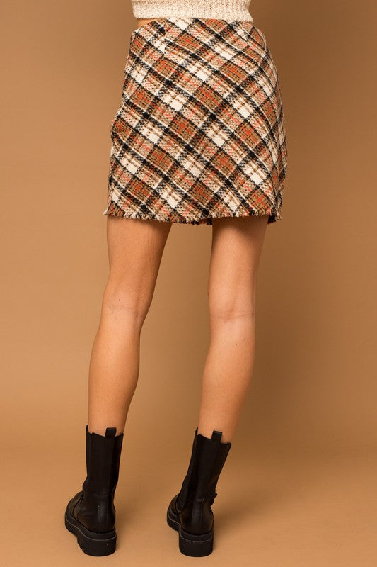 Gilli Bias Plaid Frayed Hem Mini Skirt