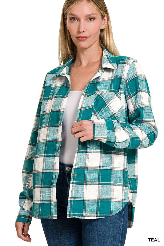 ZENANA Cotton Plaid Shacket With Front Pocket