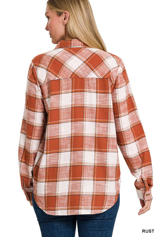 ZENANA Cotton Plaid Shacket With Front Pocket