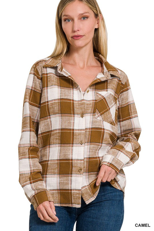 ZENANA Cotton Plaid Shacket With Front Pocket